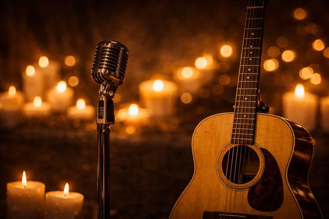 Akustikgitarre und Mikrofon im warmen Kerzenlicht